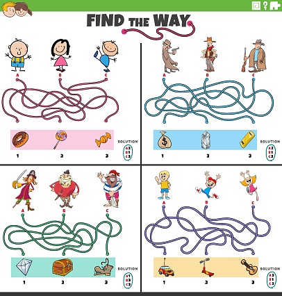 Cartoon illustration of find the way maze puzzle games set with funny comic characters