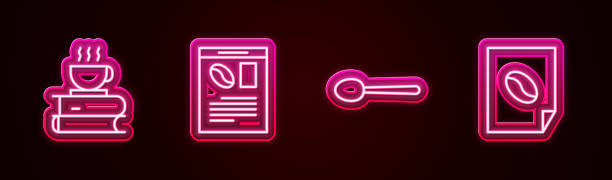 istock Set line Coffee cup and book, Newspaper coffee, Spoon and poster. Glowing neon icon. Vector 1492584086