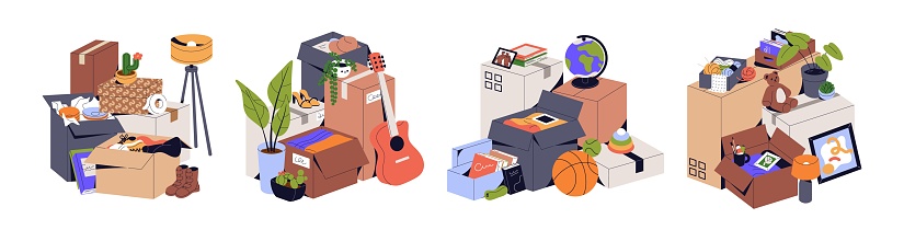 Cardboard boxes with personal stuff for moving, relocation. Stack of packed property, belongings. Objects, toys, books ready for delivery. Flat vector illustrations isolated on white background.