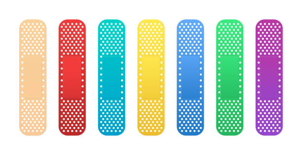 istock Creative adhesive plaster elastic medical patch. Plaster set. A colorful collection of seven different colors: red, orange, yellow, green, blue, blue and purple plasters. Vector illustration 1492589034