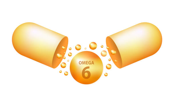 illustrazioni stock, clip art, cartoni animati e icone di tendenza di gocce dorate di omega sei. acidi grassi polinsaturi omega-6. olio di pesce naturale, vitamina biologica, sostanze nutritive. acidi grassi omega. capsule vettoriali realistiche. illustrazione vettoriale - nutritional supplement herbal medicine pill nature