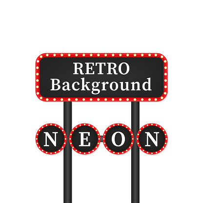 Neon sign with lights, Retro billboard in city at night, Clean place with a 3D frame. Volumetric vintage frame, Roadside sign from the 50s. Vector illustration