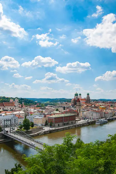 View to Passau and River Danube. Passau in Lower Bavaria, also called the city of three rivers, lies at the confluence of the Danube, Inn and Ilz rivers.