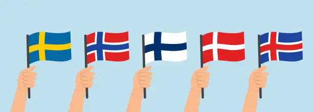 Vector illustration of Hands holding flags of Scandinavian countries (Sweden, Norway, Finland, Denmark, Iceland).