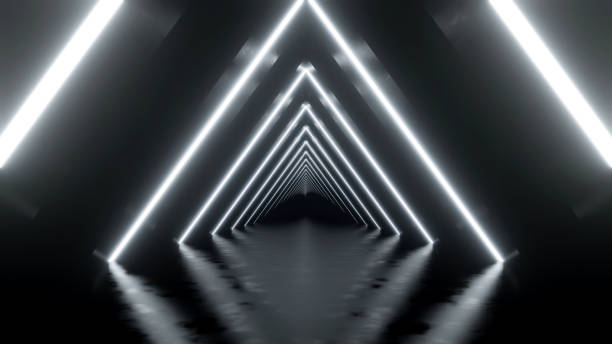 istock Abstract of glowing triangle neon light tunnel in the dark. 1492592932