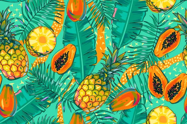 Vector illustration of Pineapples, papaya, tropical leaves seamless pattern. Summer background with fruits, palm leaves and banana palm leaves. Cartoon. Vector illustration in orange and blue colors.