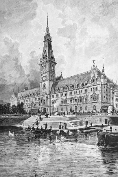 New town hall in Hamburg, Germany Illustration from 19th century. hamburg landmark stock illustrations