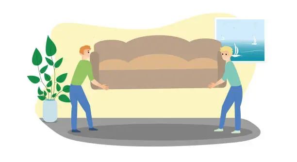 Vector illustration of Illustration of cartoon men take couch out of apartment