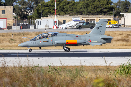 Luqa, Malta - May 18, 2023: Italian Air Force Aermacchi MB-339CD (REG: MM55069) on a training navigation exercise.