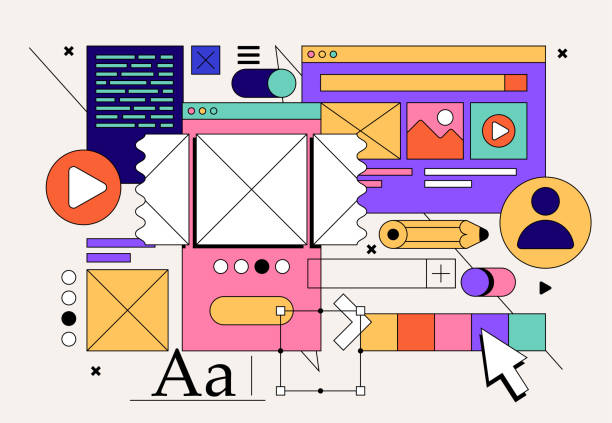 ilustraciones, imágenes clip art, dibujos animados e iconos de stock de concepto de desarrollo web o de aplicaciones con collage de elementos ui ux para póster op de banner web. ilustración vectorial - diseño web