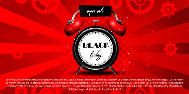 Vector illustration of Seasonal sales concept in realistic retro style. Black Friday. Creative abstract colored retro background with alarm clock and clockwork with arrows. Web template for application, online store.