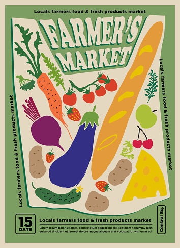 Farmers market or fair flyer or poster design template with hand drawn styled bag filled with farm eco products and vegetables on green background. Vector illustration