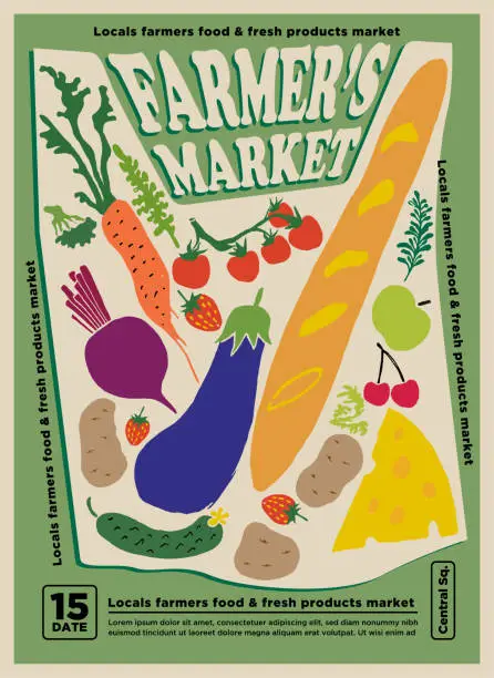 Vector illustration of Farmers market or fair flyer or poster design template with hand drawn styled bag filled with farm eco products and vegetables on green background. Vector illustration