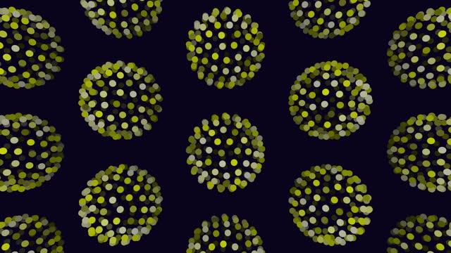 Illusion neon spheres pattern in rows with neon dots on dark gradient
