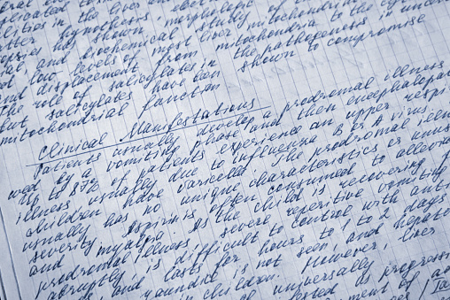 Hand-written medical notes. Medical writing or publishing.