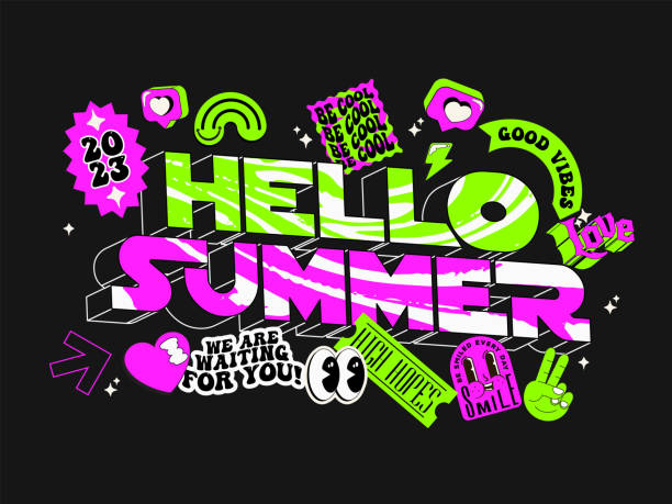 Hello summer card or poster or web banner design template with with bright acid colored typographic composition surrounded by retro styled funny stickers on black background. Vector illustration vector art illustration