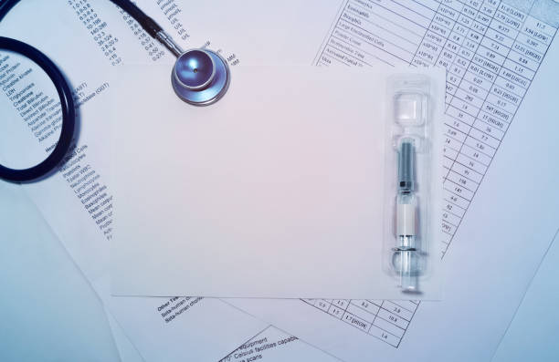 Antiviral vaccine in a unit dose syringe over laboratory reports.