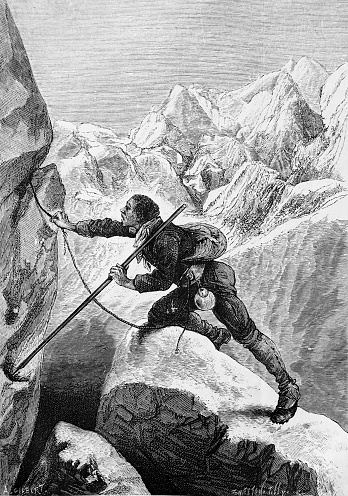 Man climbing mountains in the old book the Martyrs of Science , by G. Tissandier, 1880, St. Petersburg