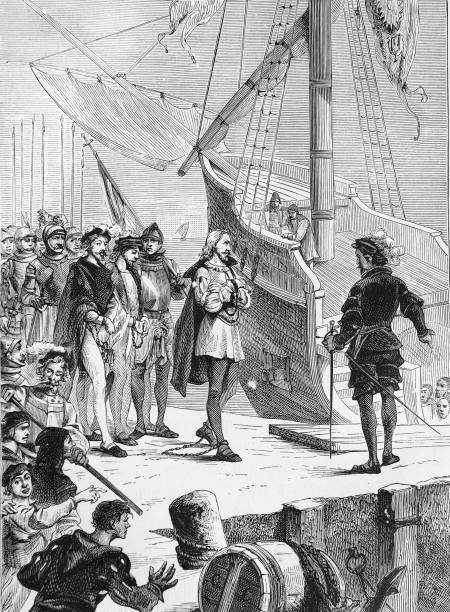 istock Christopher Columbus in chains on a ship in the old book the Martyrs of Science , by G. Tissandier, 1880, St. Petersburg 1492596894