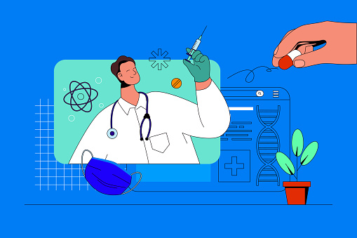 Medical service web concept with character scene. Doctor consulting patient online, prescribes treatment and vaccination. People situation in flat design. Vector illustration for marketing material.
