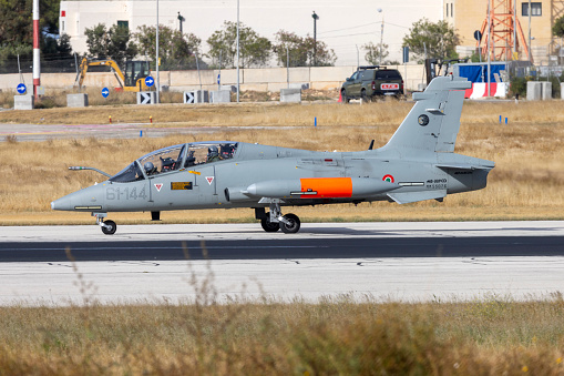 Luqa, Malta - May 18, 2023: Italian Air Force Aermacchi MB-339CD (REG: MM55076) on a training navigation exercise.