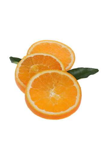 Oranges and slices on white background