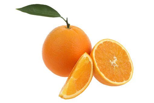 Oranges and slices on white background