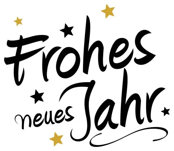 Vector illustration of Happy New Year in German language. Black and Gold Hand writing calligraphic lettering. Isolated back.