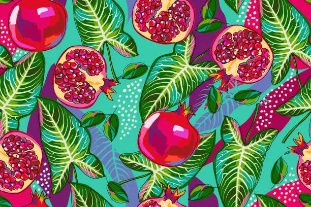 Vector illustration of Pomegranate, alocasia leaves seamless pattern. Summer background with fruits and leaves. Whole fruits and halves. Cartoon. Vector illustration in red and green colors.