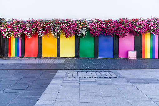 A captivating street wall adorned with diverse colored panels, including vibrant LGBT representation. Above, colorful pink and white flowers accent the scene, while a copyspace at the top adds creative possibilities.