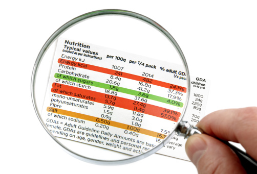 Reading a nutrition label on food packaging with magnifying glass