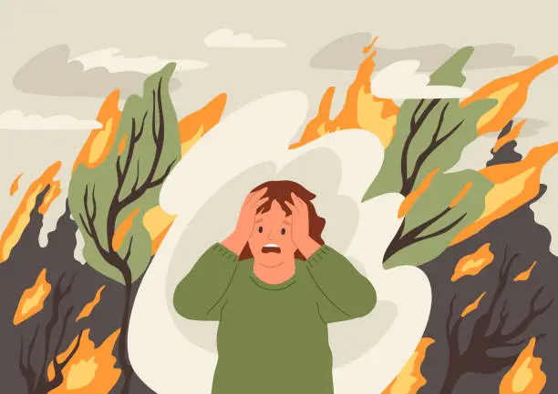 Vector illustration of Man screams in forest in fire.