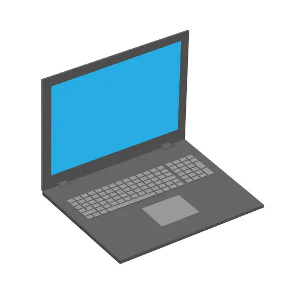 Vector illustration of Realistic perspective front laptop with keyboard isolated incline 45 degree. Computer notebook with blue screen template.