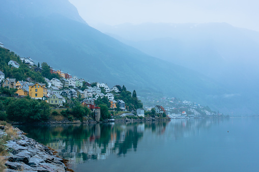 Cityscape of Odda town near the fjord  in Norway