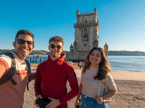 Winter tourism in Belem, Torre de Belem in Lisbon, Portugal. February 2023