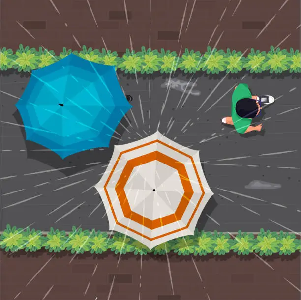 Vector illustration of Birds eye view of people walking with umbrellas during monsoon. Anime theme illustration. Walking in an alleyway.