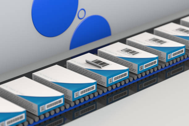 concetto di industria farmaceutica con scatola medica e codice a barre per etichette - bar code medicine healthcare and medicine label foto e immagini stock