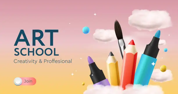 Vector illustration of Art school template with pencils and clouds, vector illustration
