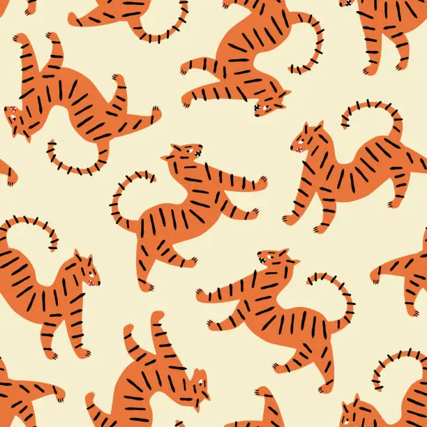 Vector illustration of Wild tigers hand drawn vector illustration. Funny cat animal seamless pattern for kids fabric or wallpaper.