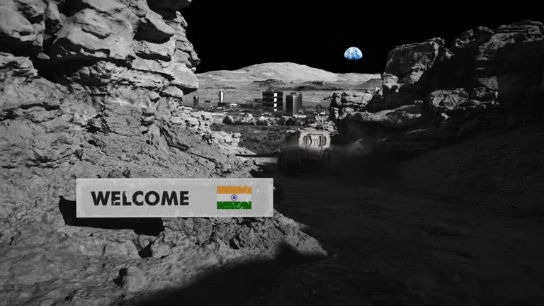 Space colonization of the Moon. Moon rover entering the Indian colony