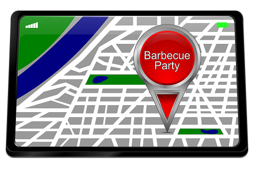 tablet computer with red barbecue party map pointer - 3D illustration