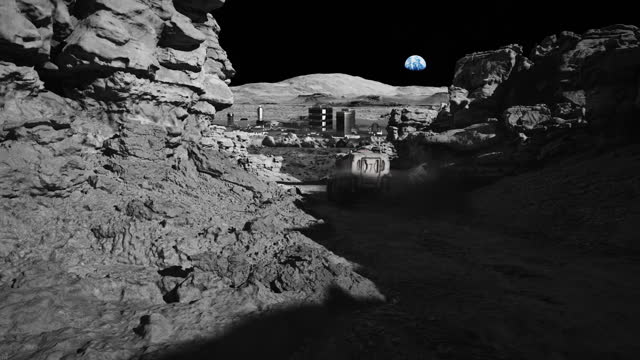 Space colonization of the Moon. Moon rover entering the colony