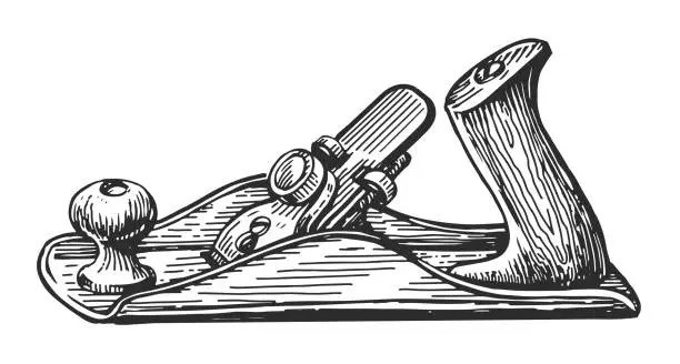 Vector illustration of Wood shaving tool sketch. Carpenter planer, jointer in vintage engraving style. Carpentry, workshop vector illustration