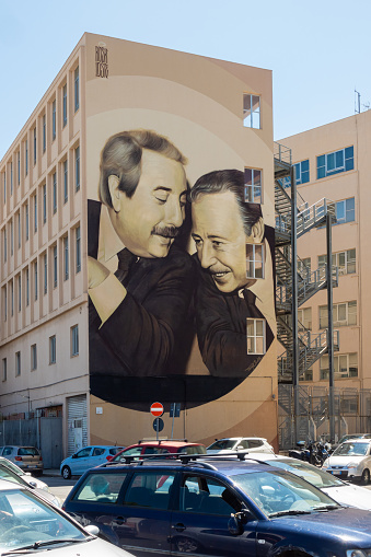 The mural on Falcone and Borsellino in Palermo. Famous murals on the magistrates Giovanni Falcone and Paolo Borsellino in Cala district. Sicily, Italy