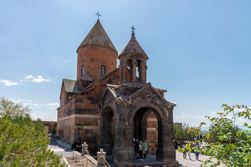 People visiting the Church of the Holy Mother of God (Surb Astvatzatzin) at the Khor Virap Monastery in Armenia. Gregory the illuminator was imprisioned for 13 years in a pit at the Monastery.