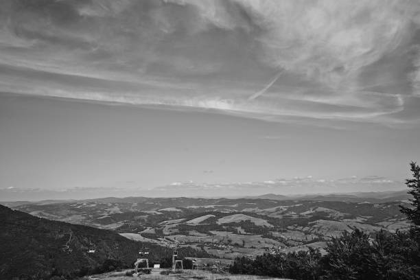 panorama of mountains in black and white