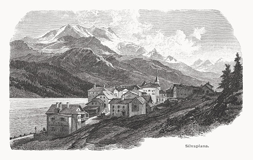 Historical view of Silvaplana - a municipality in the Maloja Region in the Swiss canton of Graubünden. It is located on Lake Silvaplana in the Upper Engadine and is still a well-known holiday resort today. Wood engraving after a drawing by Edward Theodore Compton (English painter, 1849 - 1921), published  in 1877.