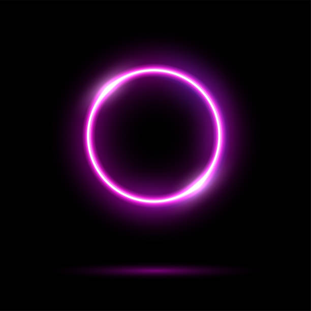 istock Glowing neon purple circle isolated on black background. Round electric pink light frame. Geometric fashion design vector illustration. Empty minimal ring art decoration 1492625460