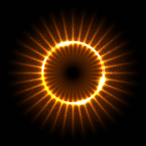 Vector illustration of Solar eclipse with gold fiery flashes on edge vector illustration. Abstract golden circle frame of sun, planet or star with sparkles and energy flare, globe with glow light effect of shiny corona