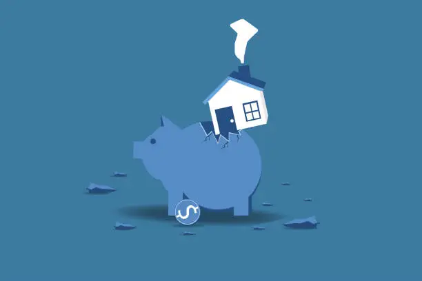 Vector illustration of House expense and cost,high interest rate mortgage concept, heavy house broke savings piggybank metaphor of too much payment and cost.